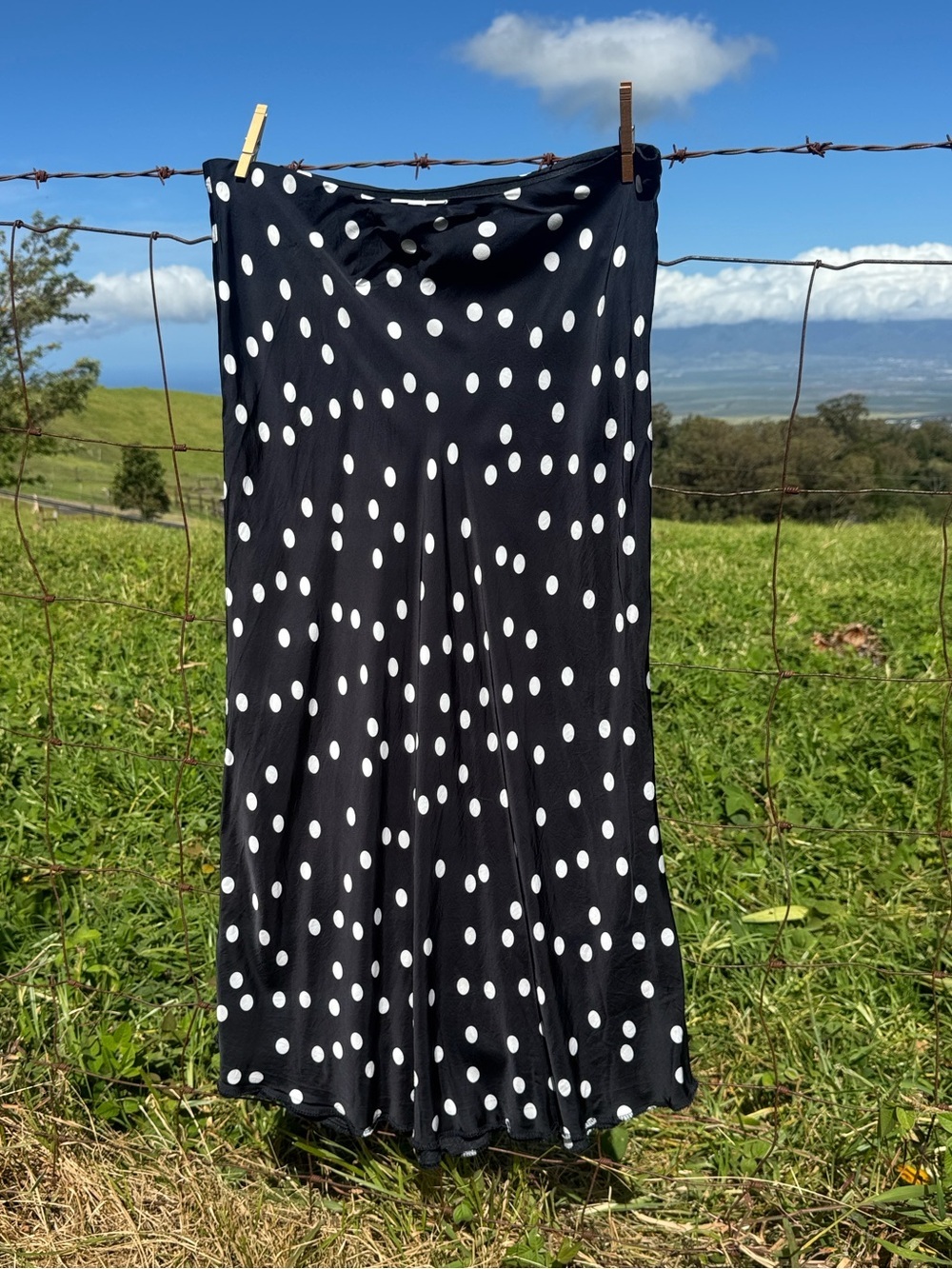 On 34th black and white polkadot bias cut satin maxi skirt XL